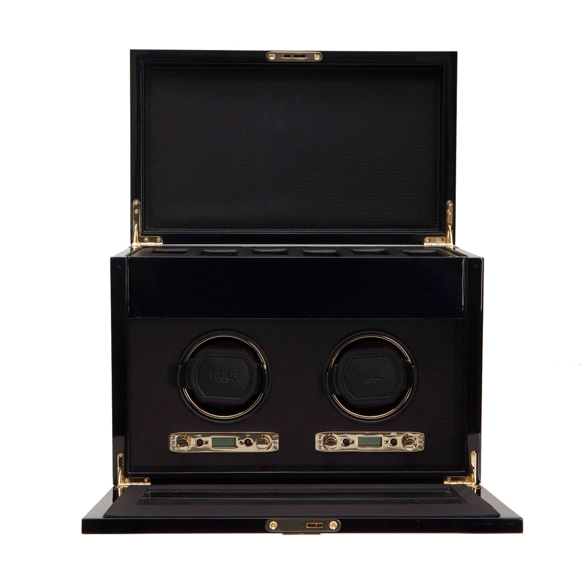 Black double watch winder with lid open and two circular dials on display panel