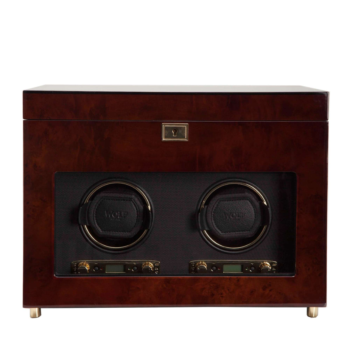 Burl double watch winder front with two circular winding pads and brand logo