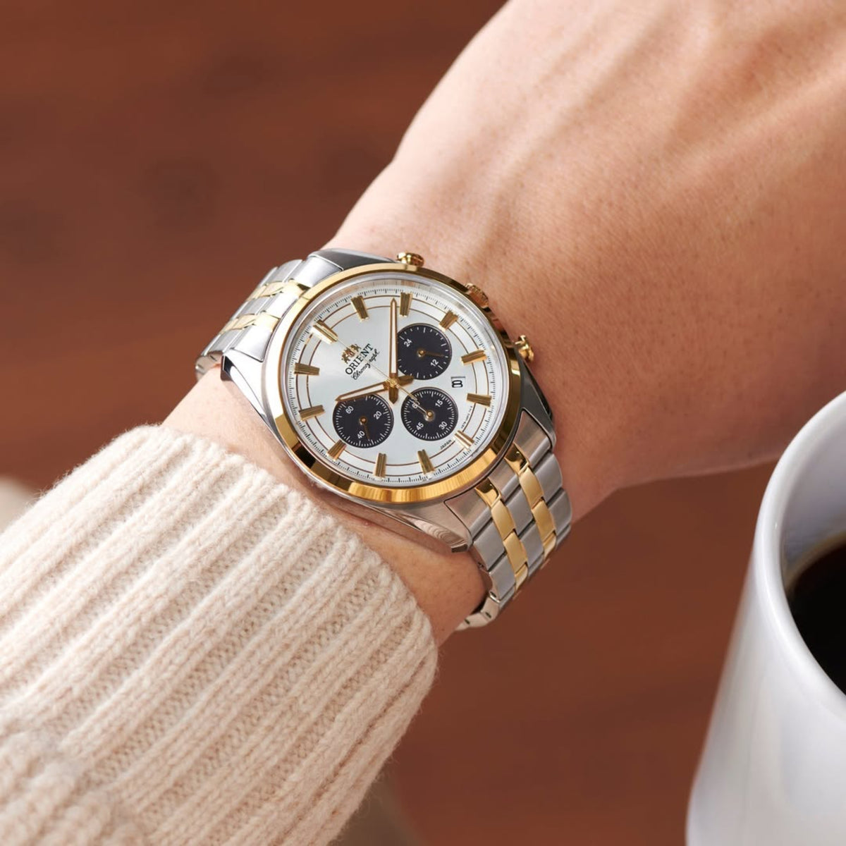 Orient Stretto RA-TX0302S30B two-tone stainless steel watch on wrist lifestyle