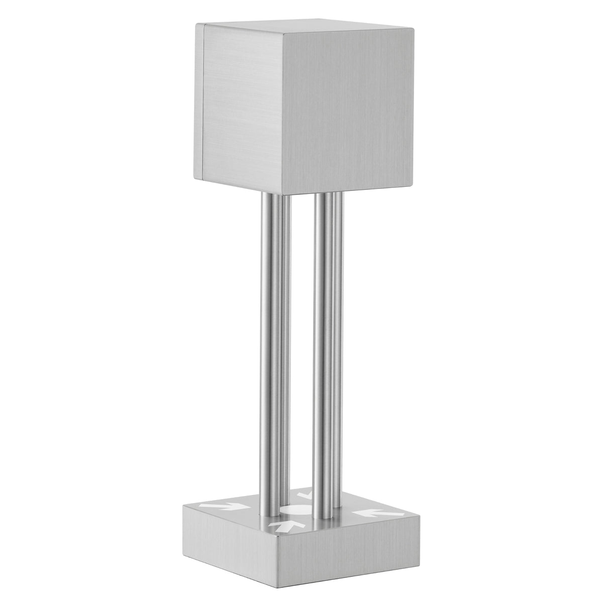 Back view of brushed aluminum miniature table clock with vertical columns