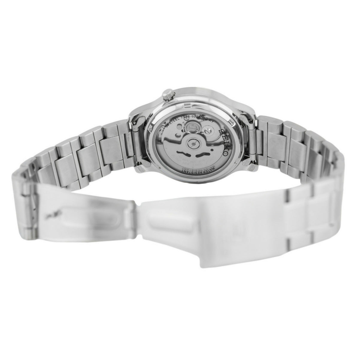 Seiko 5 men's automatic watch caseback with stainless steel bracelet, rear view