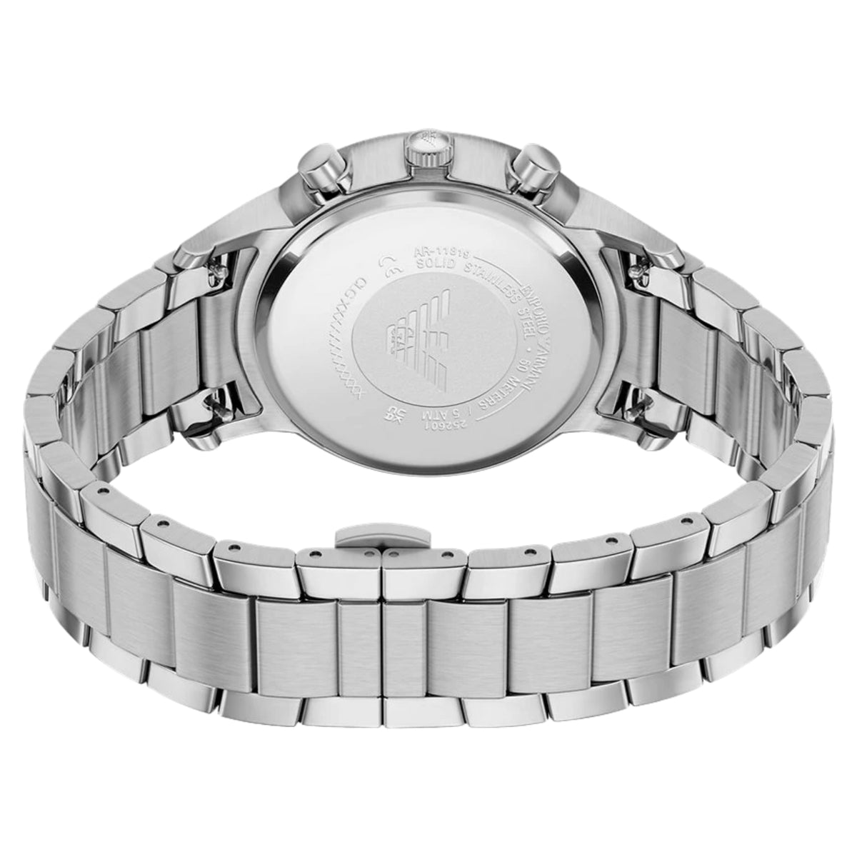 Angled rear view of the Emporio Armani Archetipo AR11819 watch showing the solid steel case back engraved with the logo