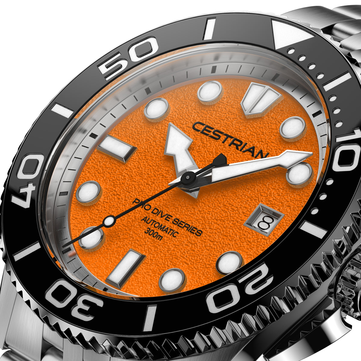 Men's dive watch close-up with orange dial, 'Pro Dive Series' text, and black bezel.