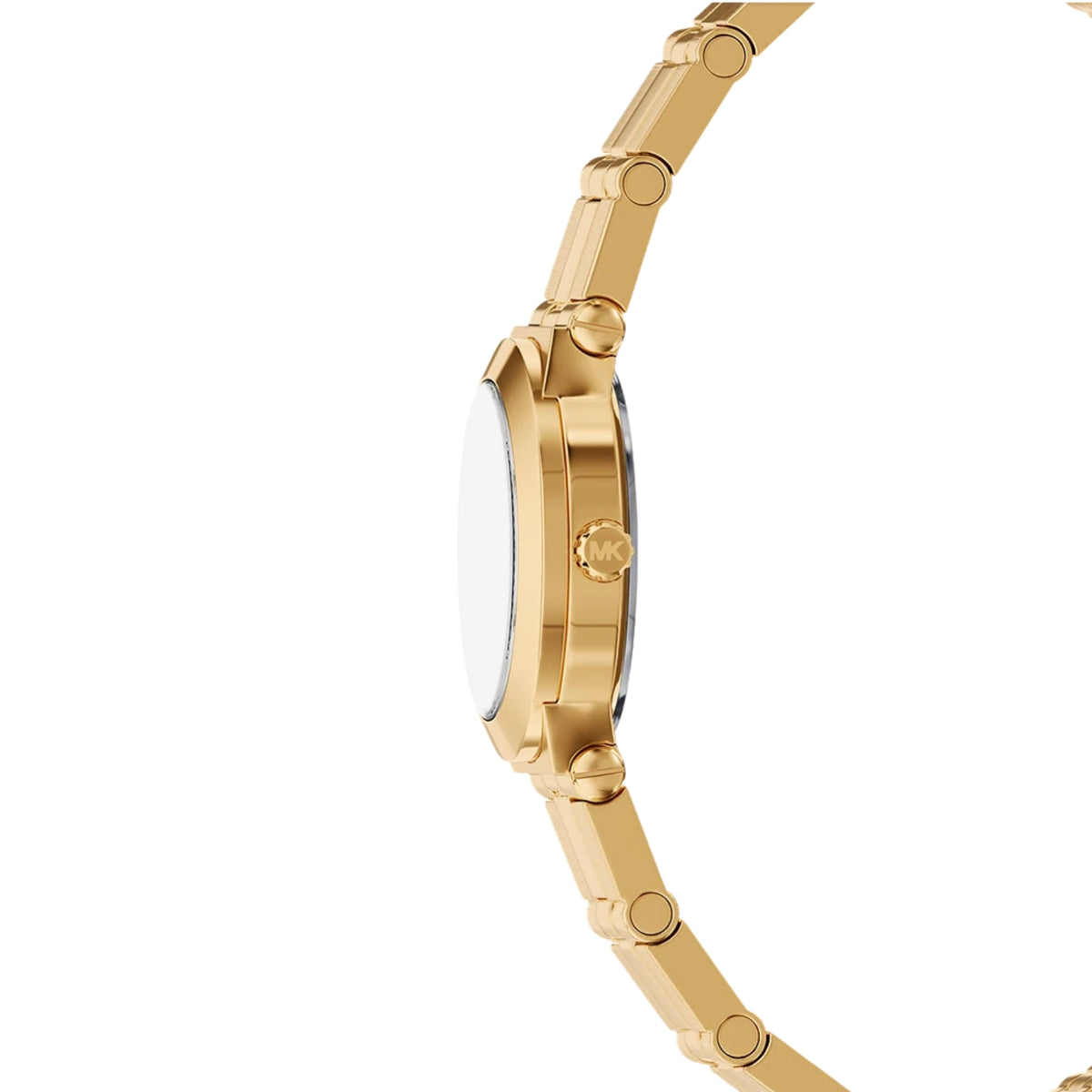 Michael Kors Billie MK7567 side profile view highlighting the slim gold-tone case and MK logo crown