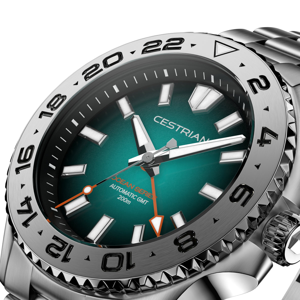 Men's automatic GMT watch close-up of green dial with orange and green accents