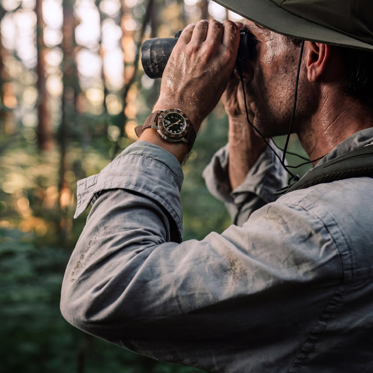 Side view of an explorer in a forest, wearing a green outdoor hat and the Luminox Adventure Watch XL.1301.LG on a brown leather strap