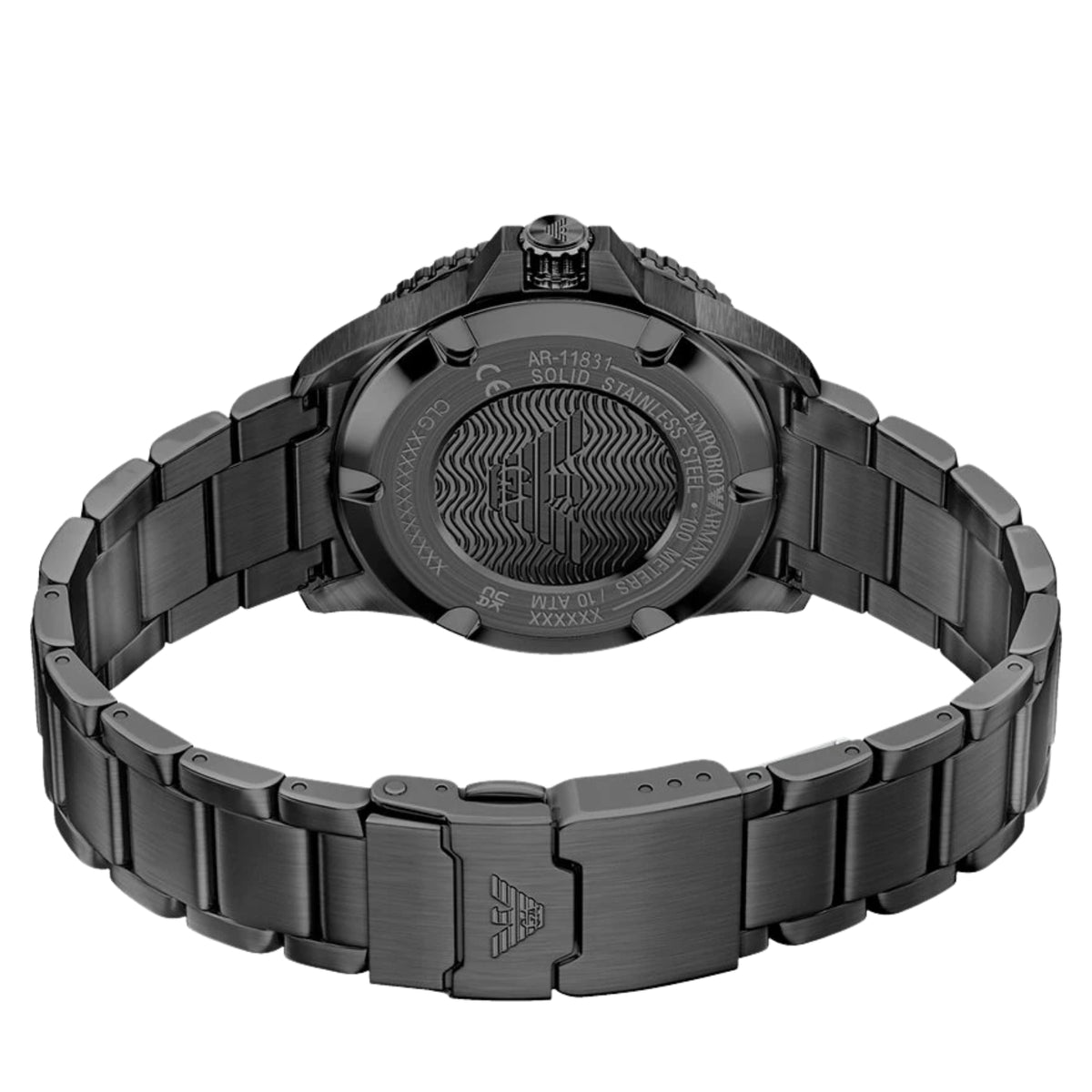 Straight back view of the Emporio Armani World Explorer AR11831 watch featuring the black stainless steel bracelet and engraved  closure