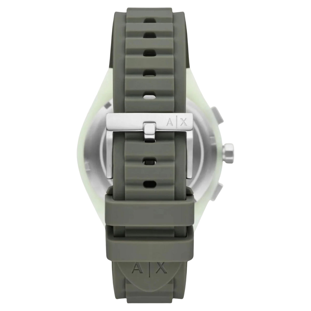 Khaki green silicone chronograph watch with gray strap and crown, top view