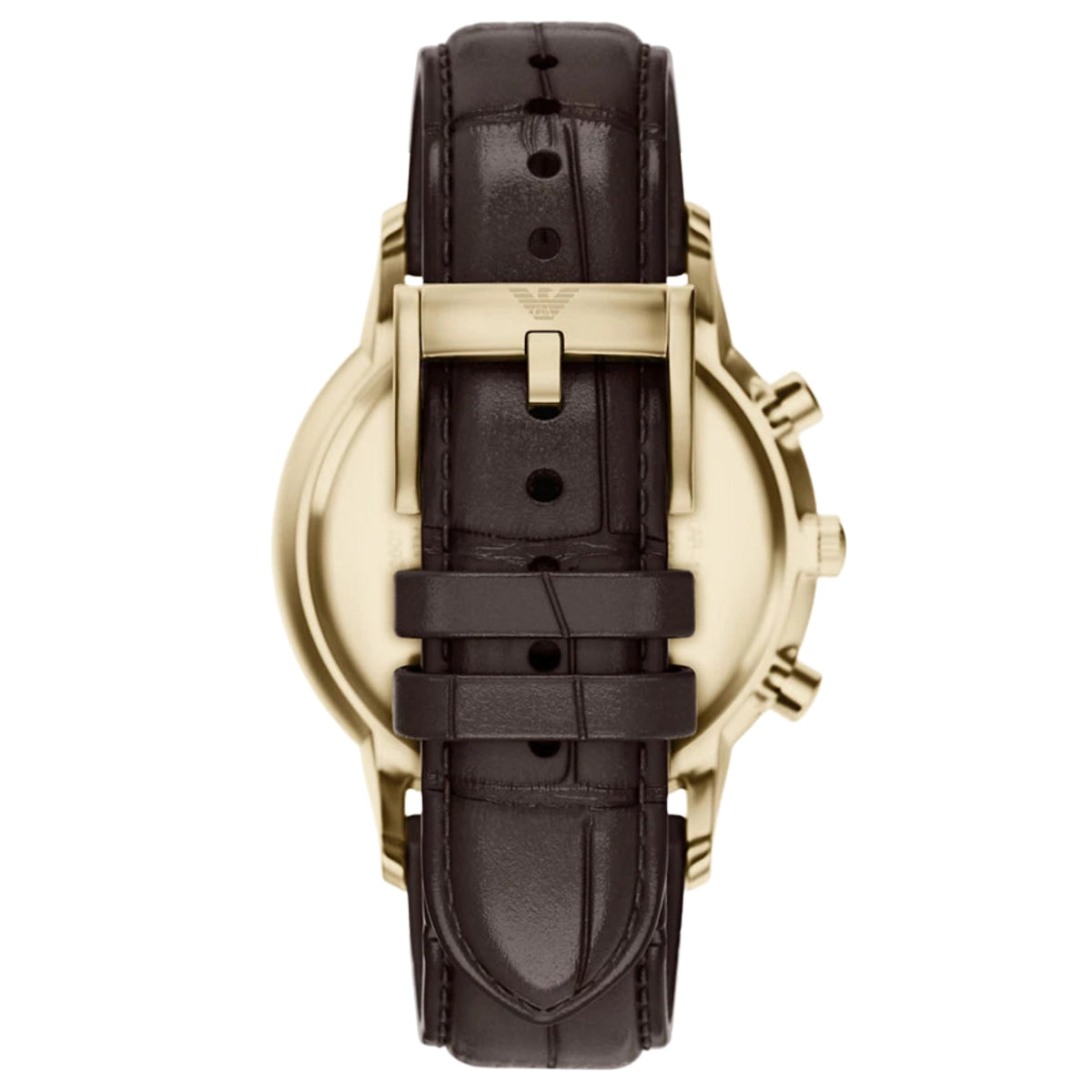 Straight back shot of the Emporio Armani Archetipo AR11822 watch displaying the brown leather strap and gold pin buckle closure