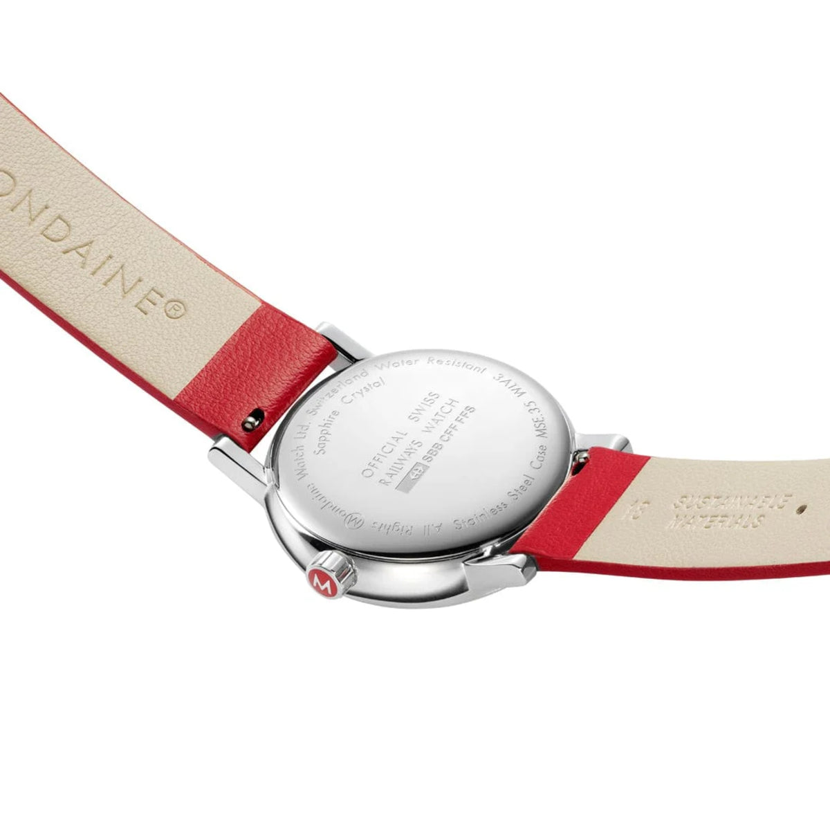 Mondaine Evo2 MSE.35110.LCV back case view with quick-release red leather strap