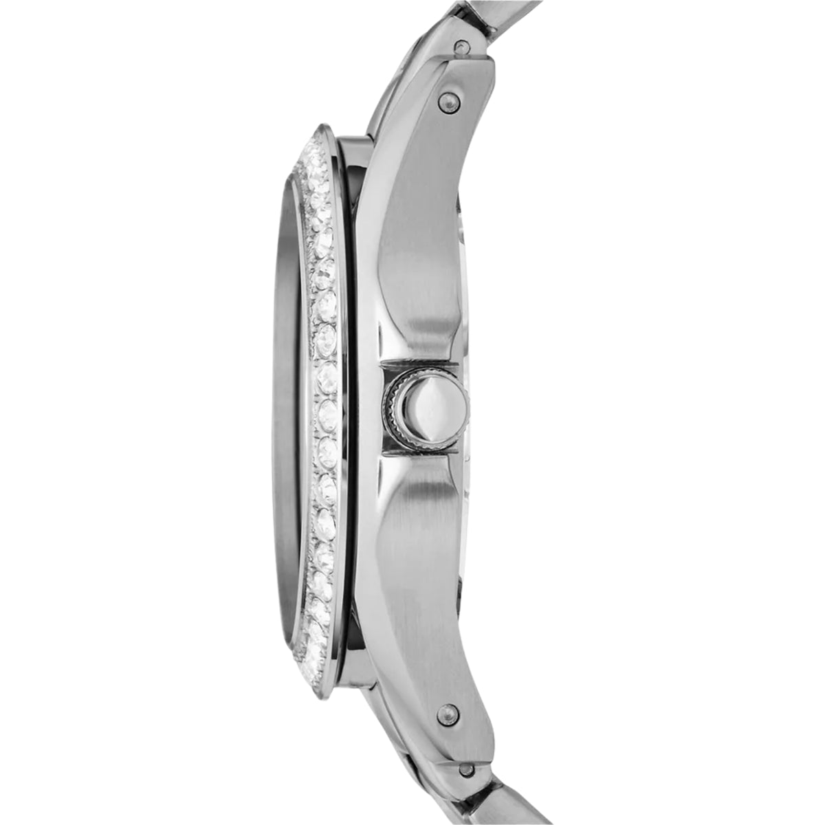 Side profile of the Fossil Riley ES3202 watch highlighting the slim steel case, crystal-embellished bezel, and textured winding crown