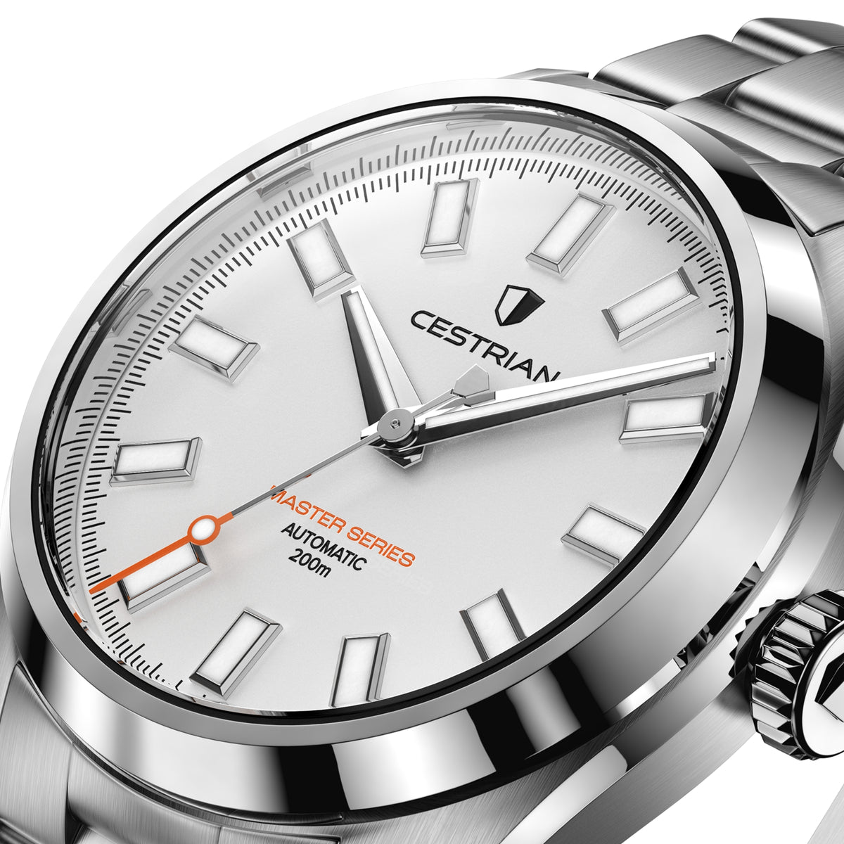 Cestrian men's automatic watch with white dial and steel bracelet, silver hour markers