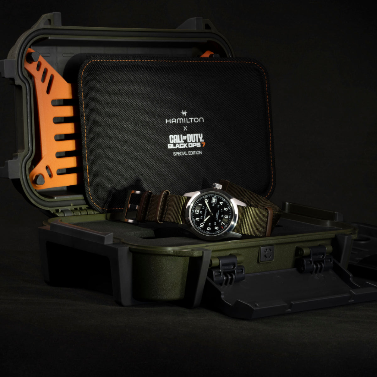 Hamilton Khaki Field watch with black dial and olive-green NATO strap in open case