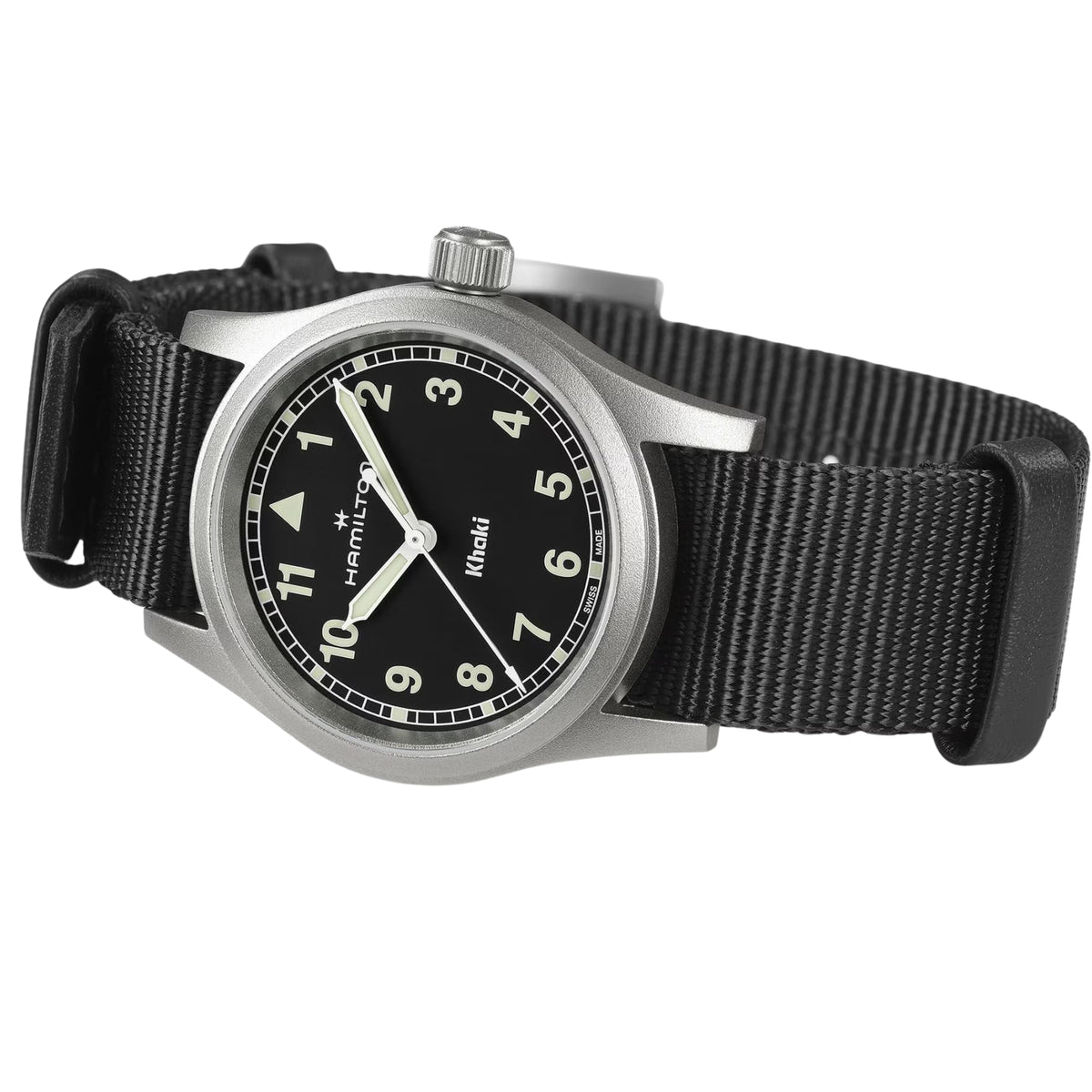 Hamilton Khaki Field H69301430 black NATO strap and 33mm black dial on white background