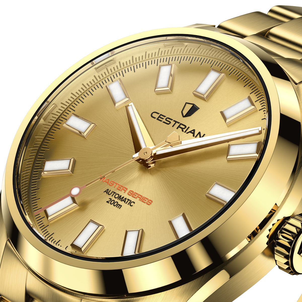 Gold dial automatic men's watch with baton hour markers and red-white seconds accent.