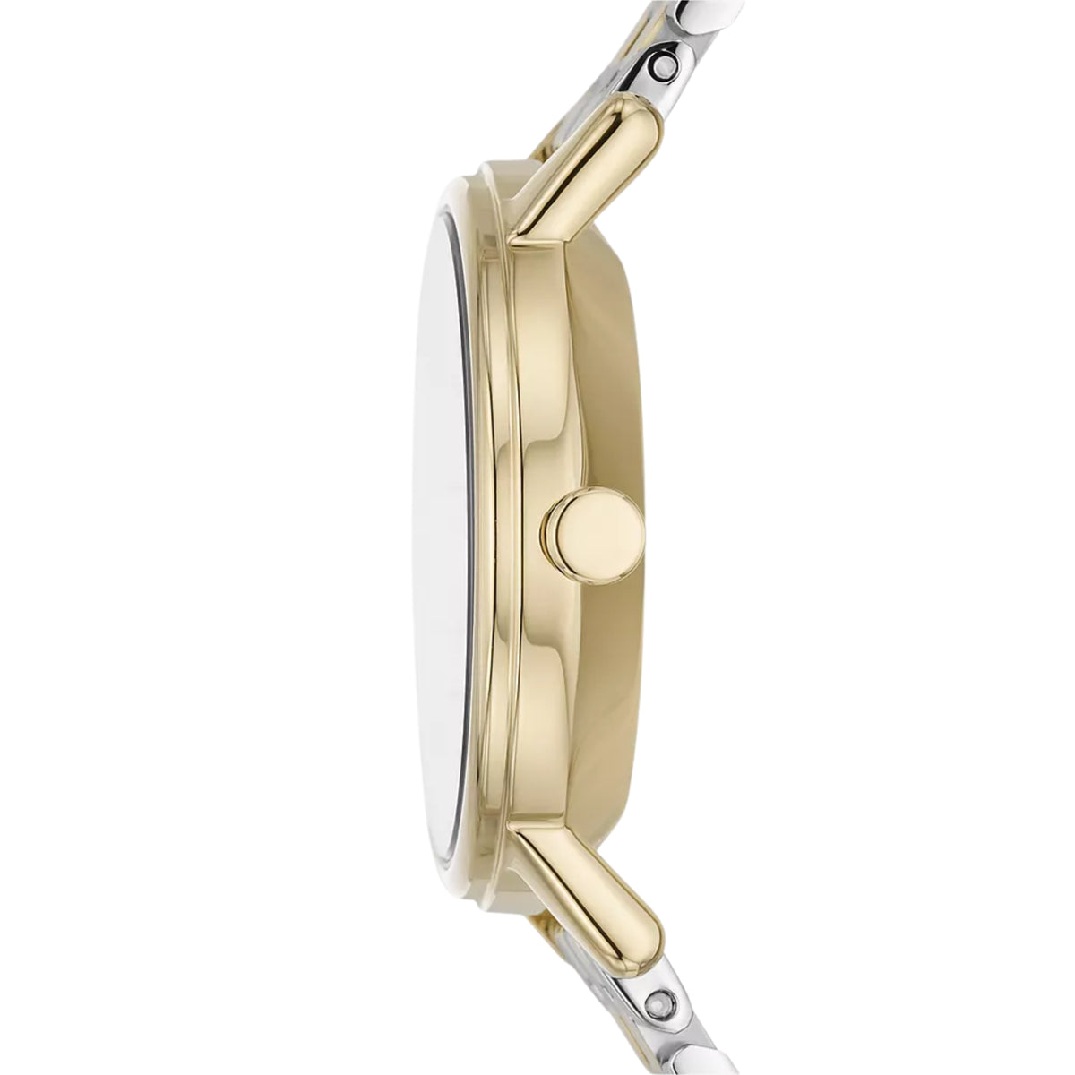 Gold-tone watch case side with crown and polished edge, linked metal bracelet.