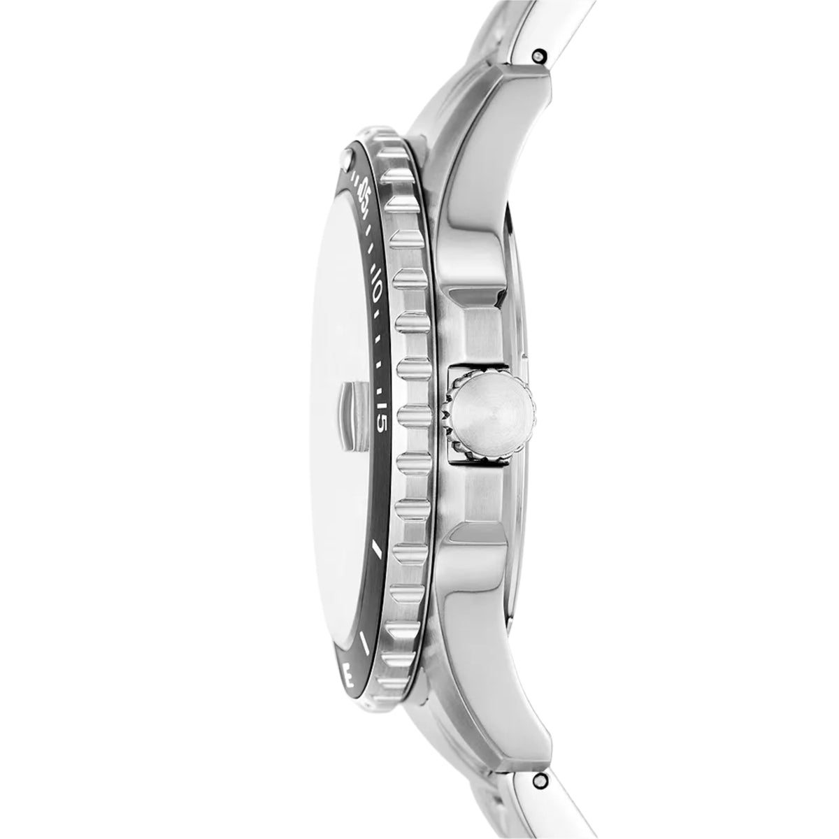 Stainless steel dive watch case with crown and water-resistant bezel markings