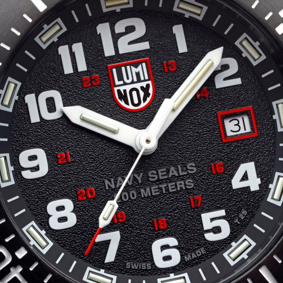 Luminox Navy SEAL watch dial close-up with LUMINOX logo and date window