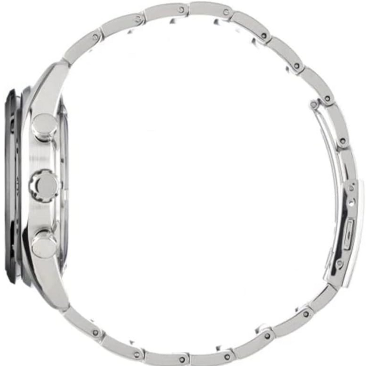 Steel chronograph watch case side with crown and pushers, brushed finish