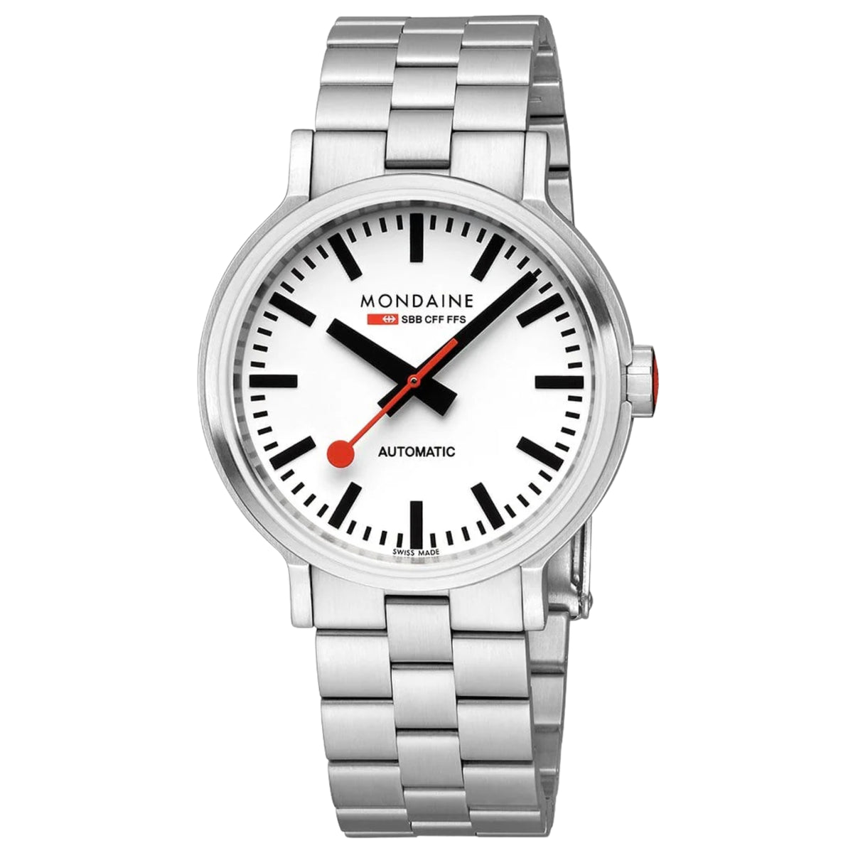 Mondaine stainless steel automatic watch with white dial, black numerals, red seconds