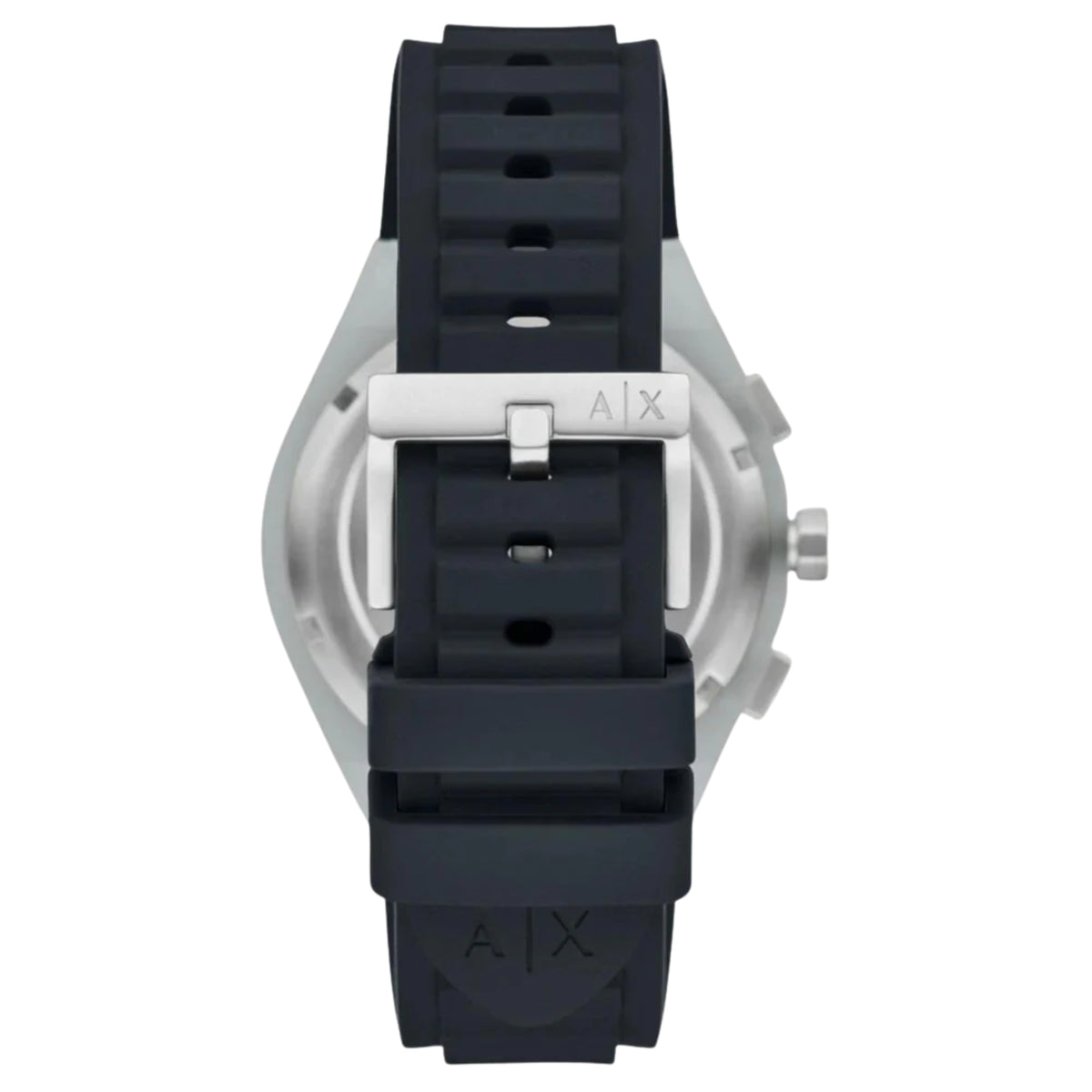 Black silicone strap with A|X clasp and silver case back