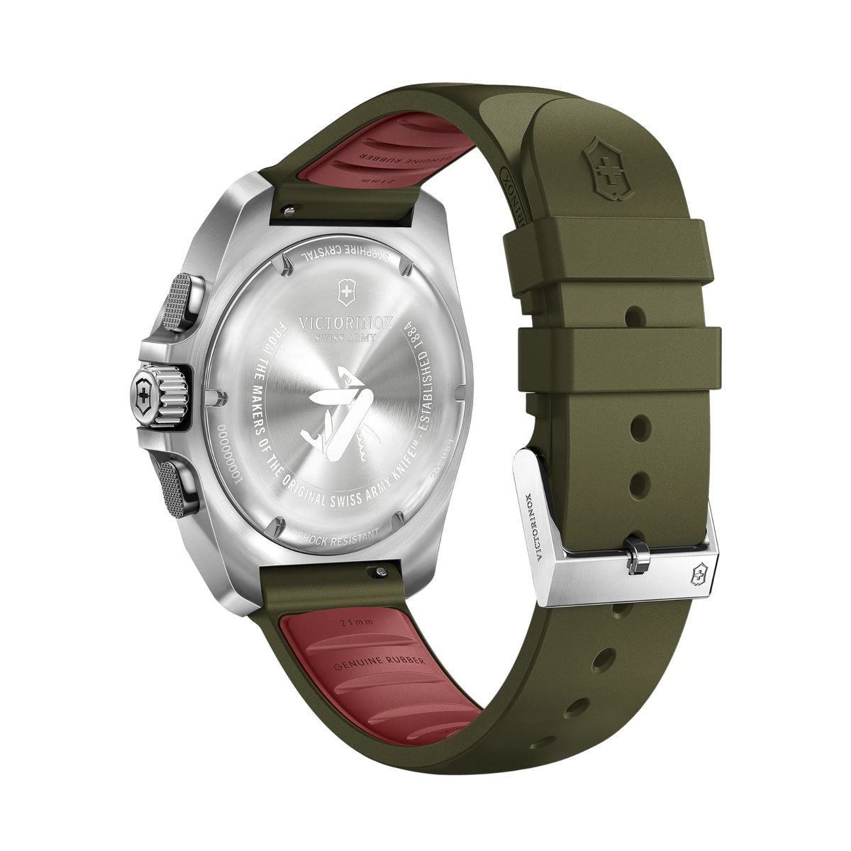 Victorinox I.N.O.X. 242081 watch reverse view displaying engraved stainless steel case back, Swiss Army knife logo, and red inner strap