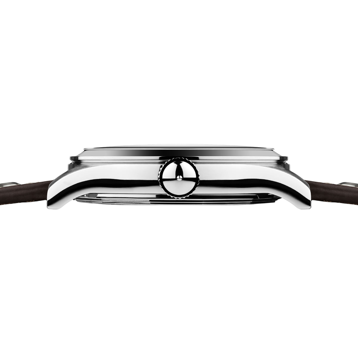 Stainless watch case profile with crown and black leather strap, side view.