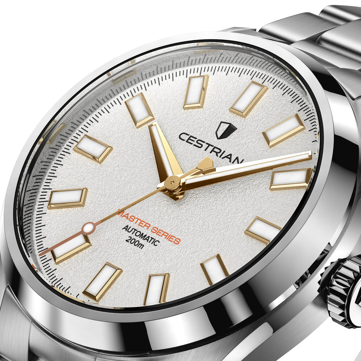 Cestrian Master Series automatic men's watch close-up with textured white dial and gold hands