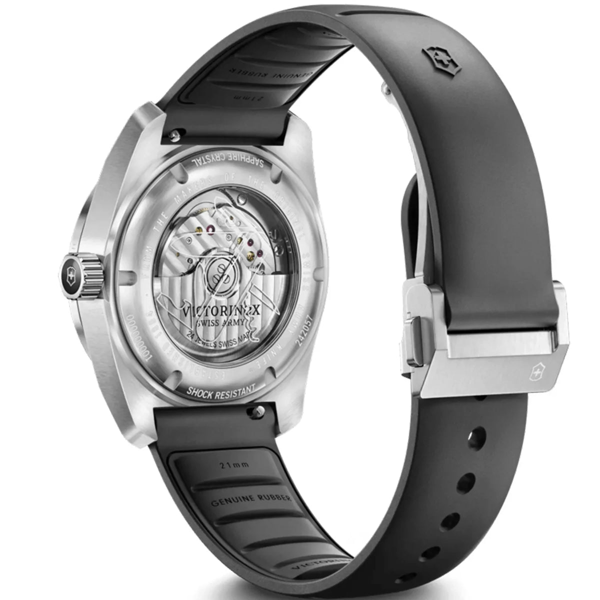 Automatic watch with open-worked case back and black rubber strap