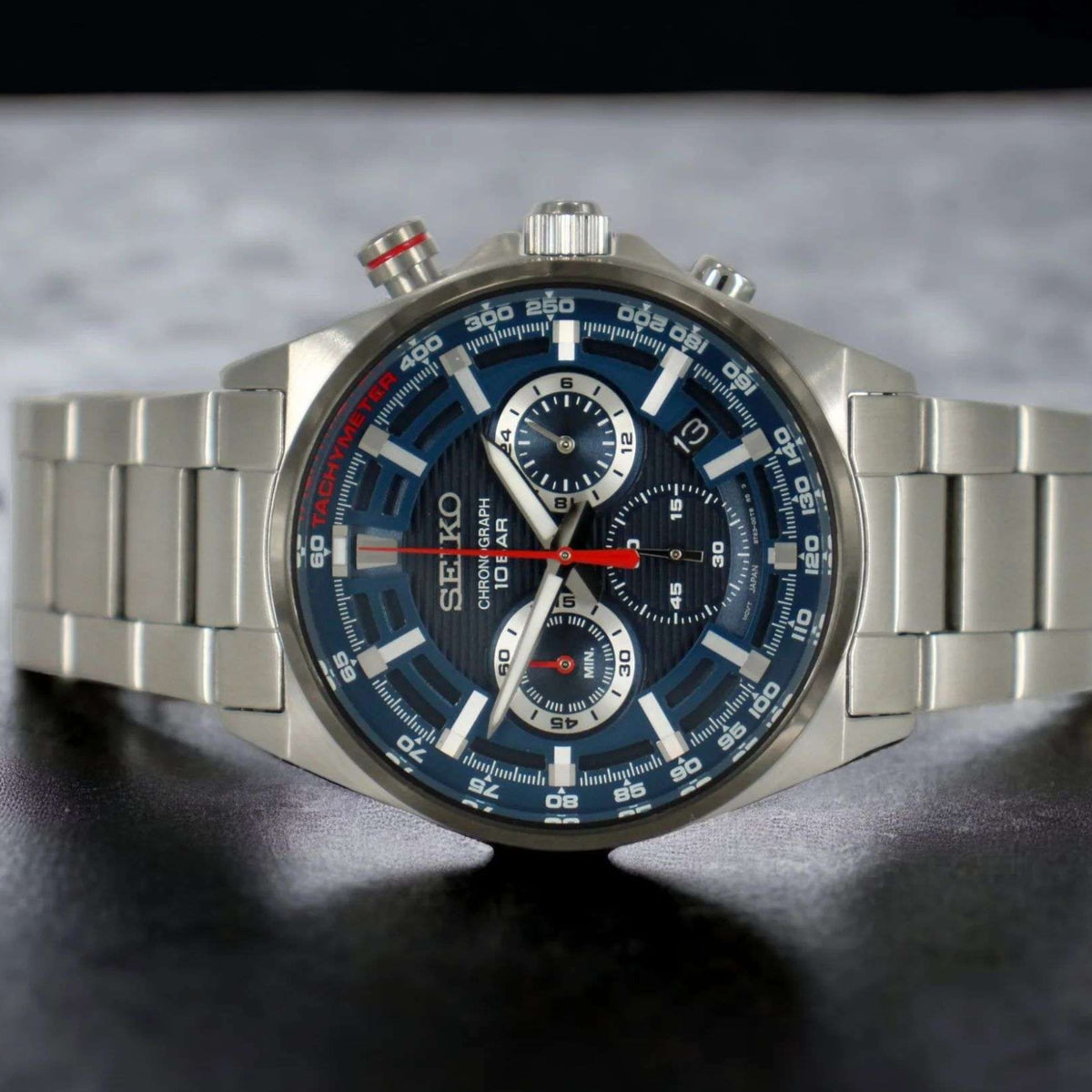 Seiko Essentials 41mm Chronograph blue dial tachymeter steel watch SSB407P1