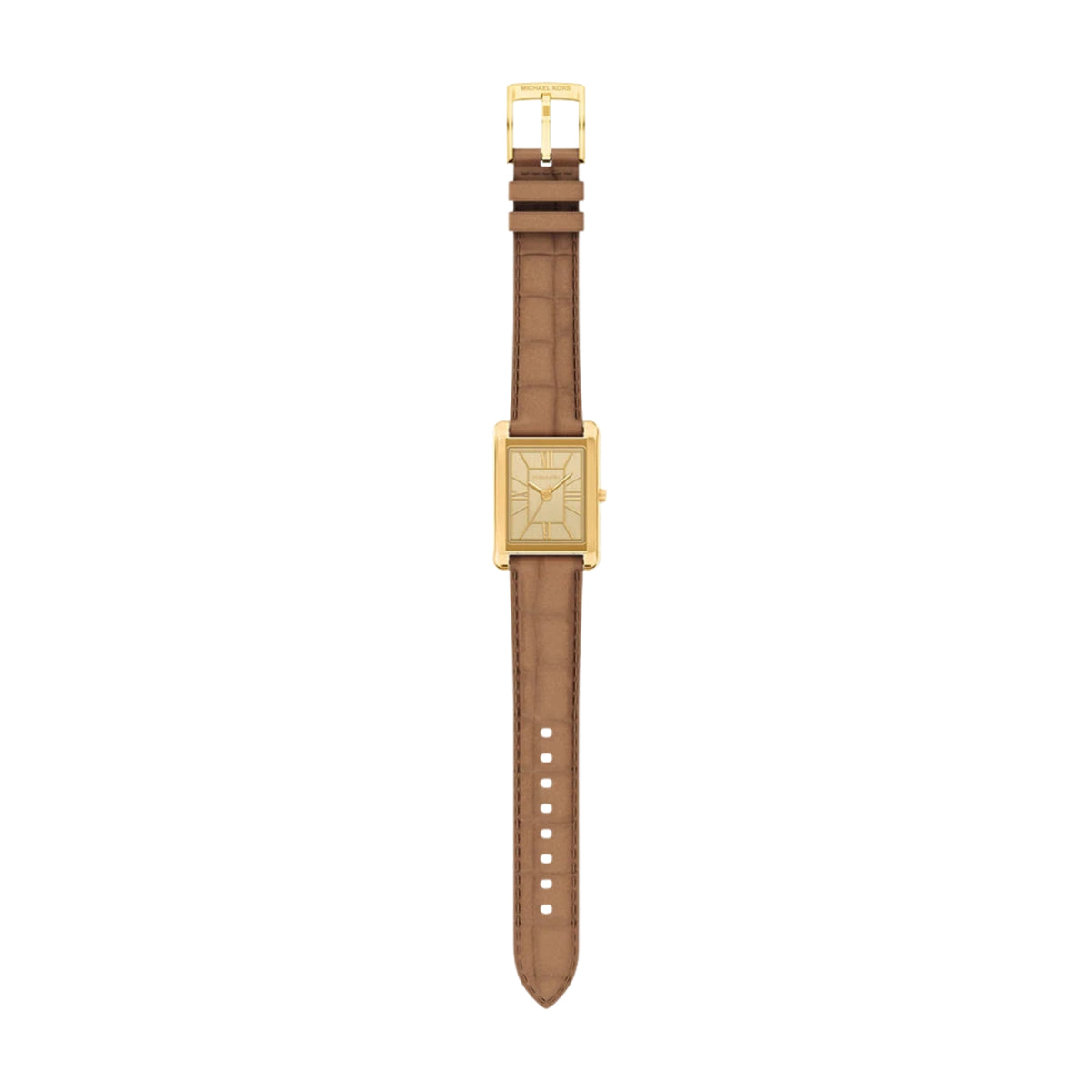 Michael Kors Essex MK7584 full laydown view showcasing the gold dial rectangular case and complete brown leather strap