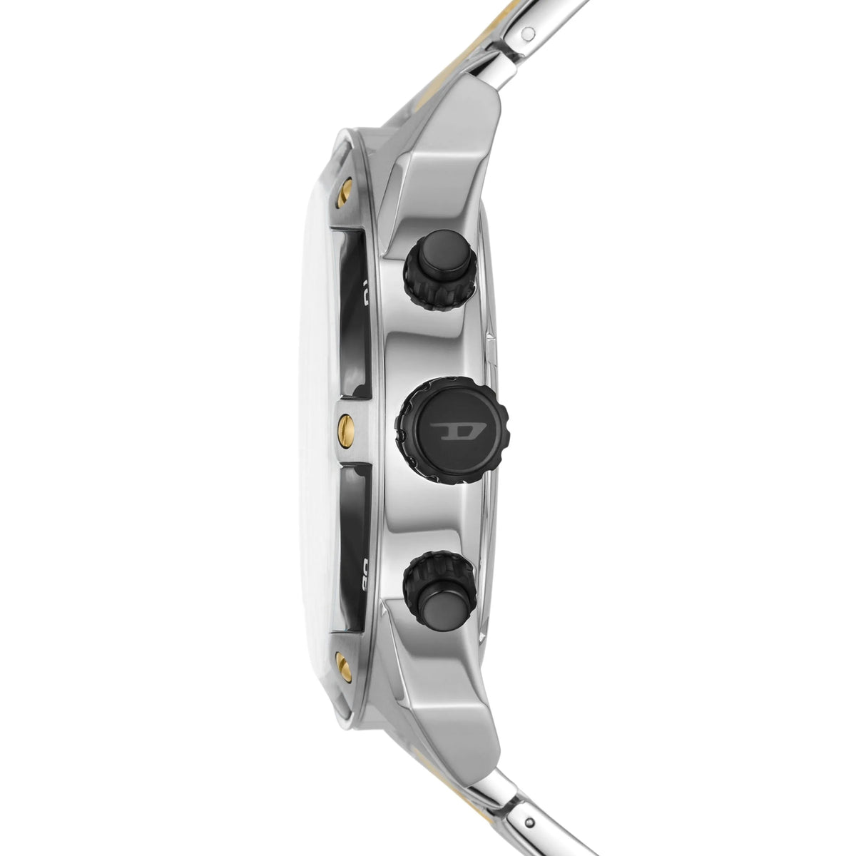 Diesel chronograph watch side profile with crowns and pushers on stainless steel case