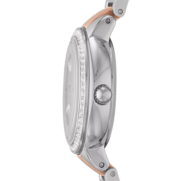 Fossil Virginia ES3405 side profile showing crystal-set bezel ring with smooth crown and steel case