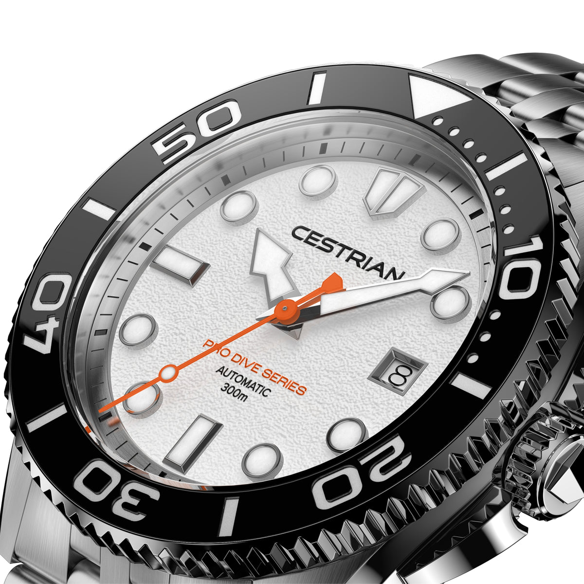 Men's automatic diver watch with silver dial, orange hands, black bezel, steel bracelet