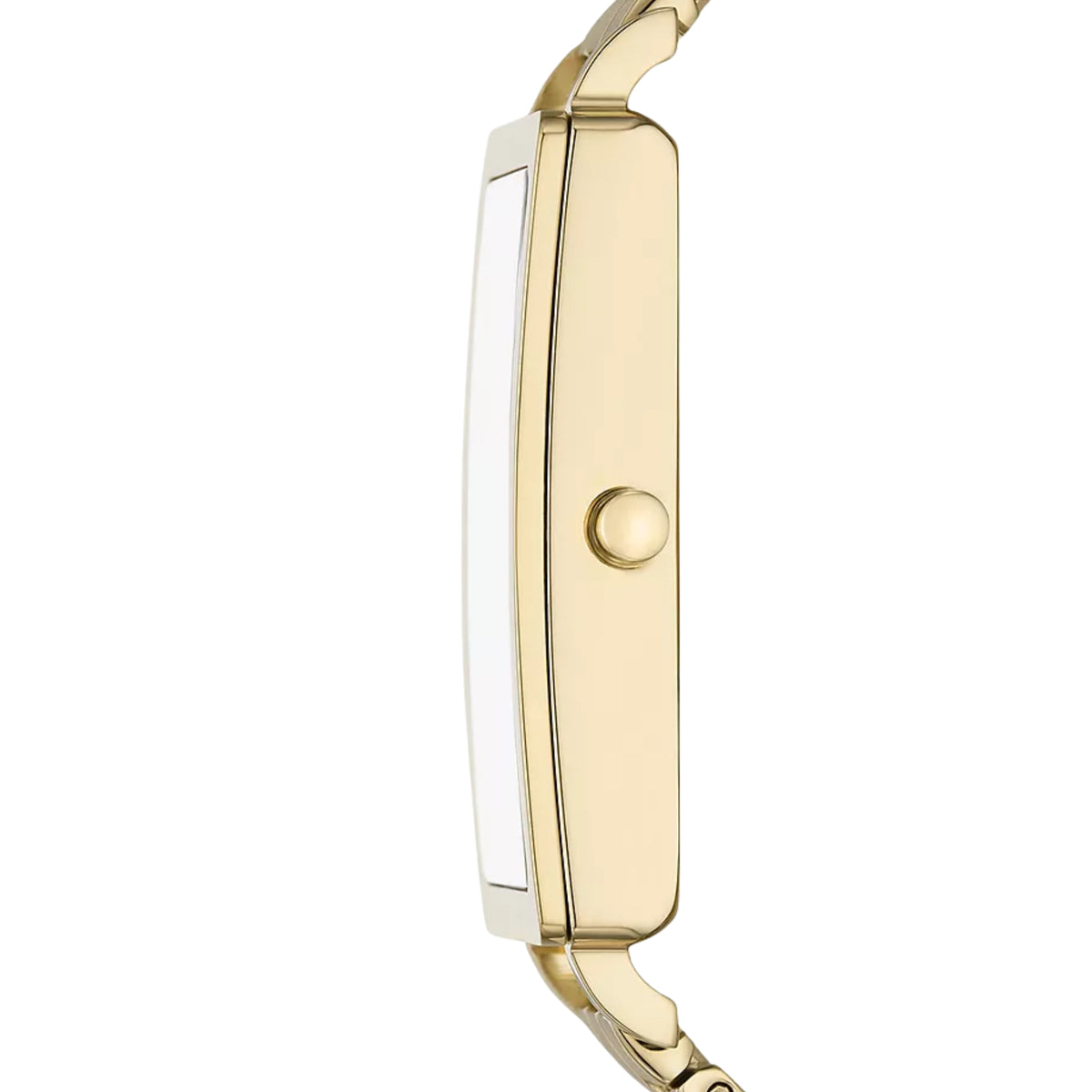 Gold-tone watch case profile with crown at 3 o'clock and metal bracelet links