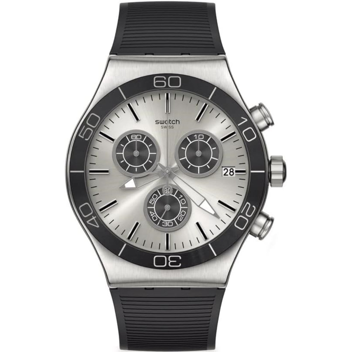 Men's quartz chronograph watch with silver dial, black bezel, and black silicone strap