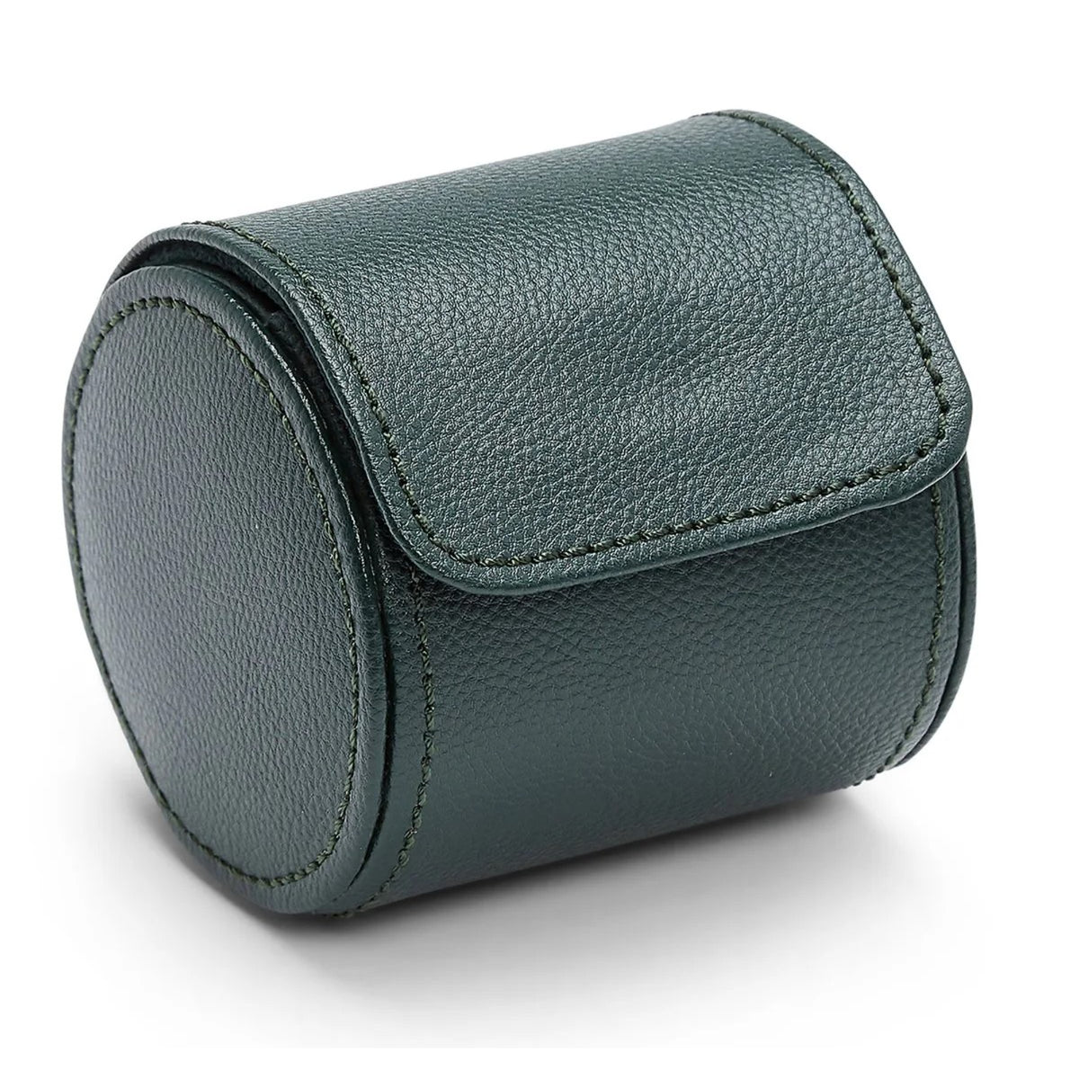 Single watch roll in dark green leather with flap cover and stitched edges