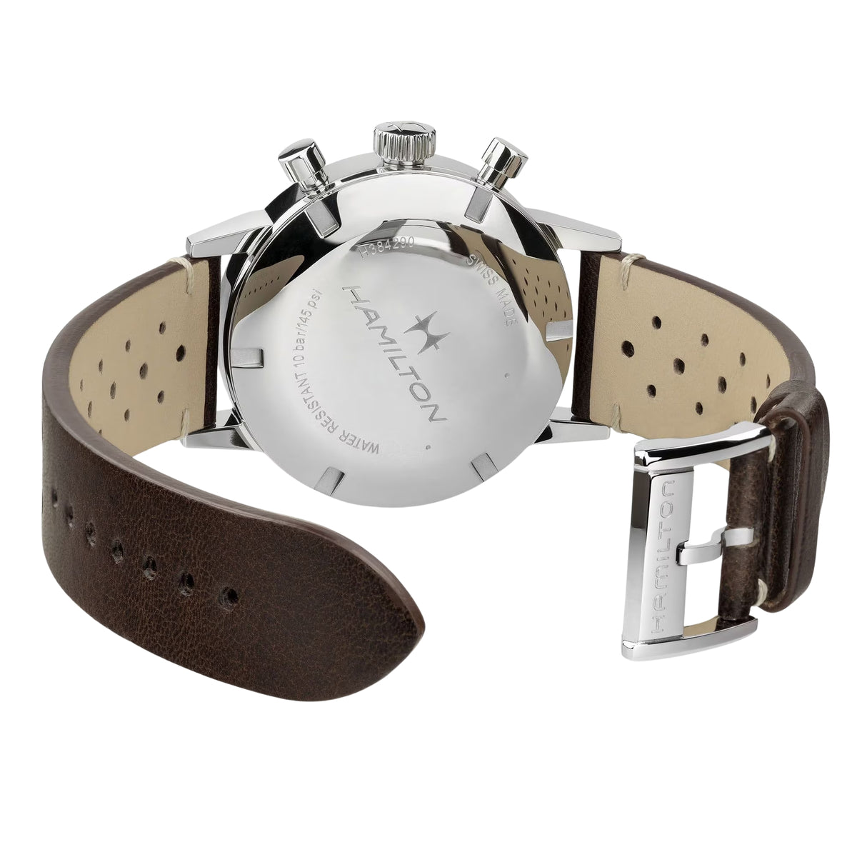 Hamilton mechanical chronograph watch, brown dial, brown leather strap, silver case