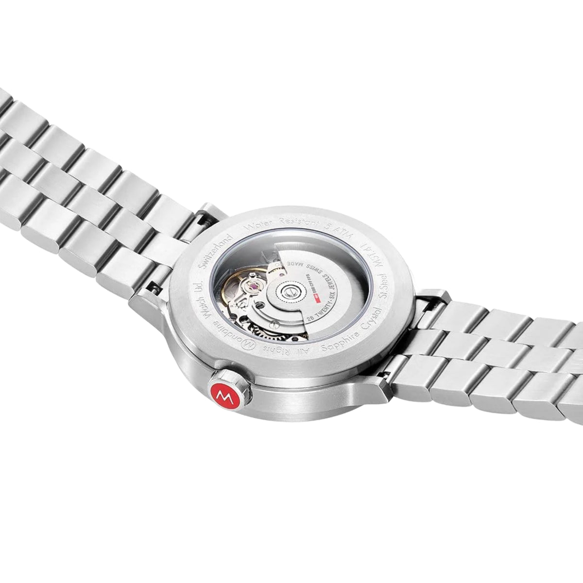Stainless steel automatic watch with see-through caseback and metal bracelet