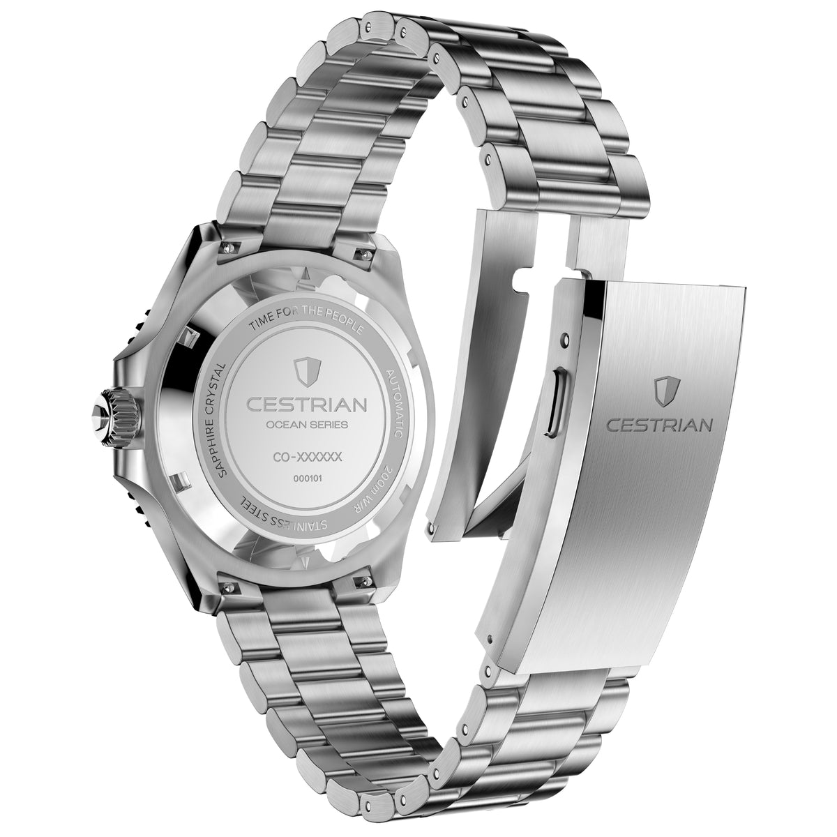 Men's stainless steel GMT watch with metal bracelet, showing back and lugs