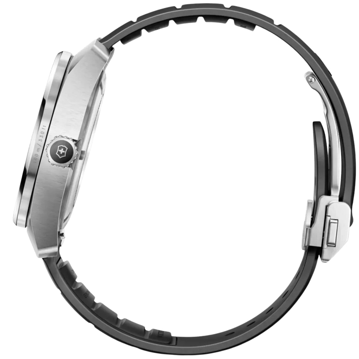 Silver watch case with black bezel and black rubber strap