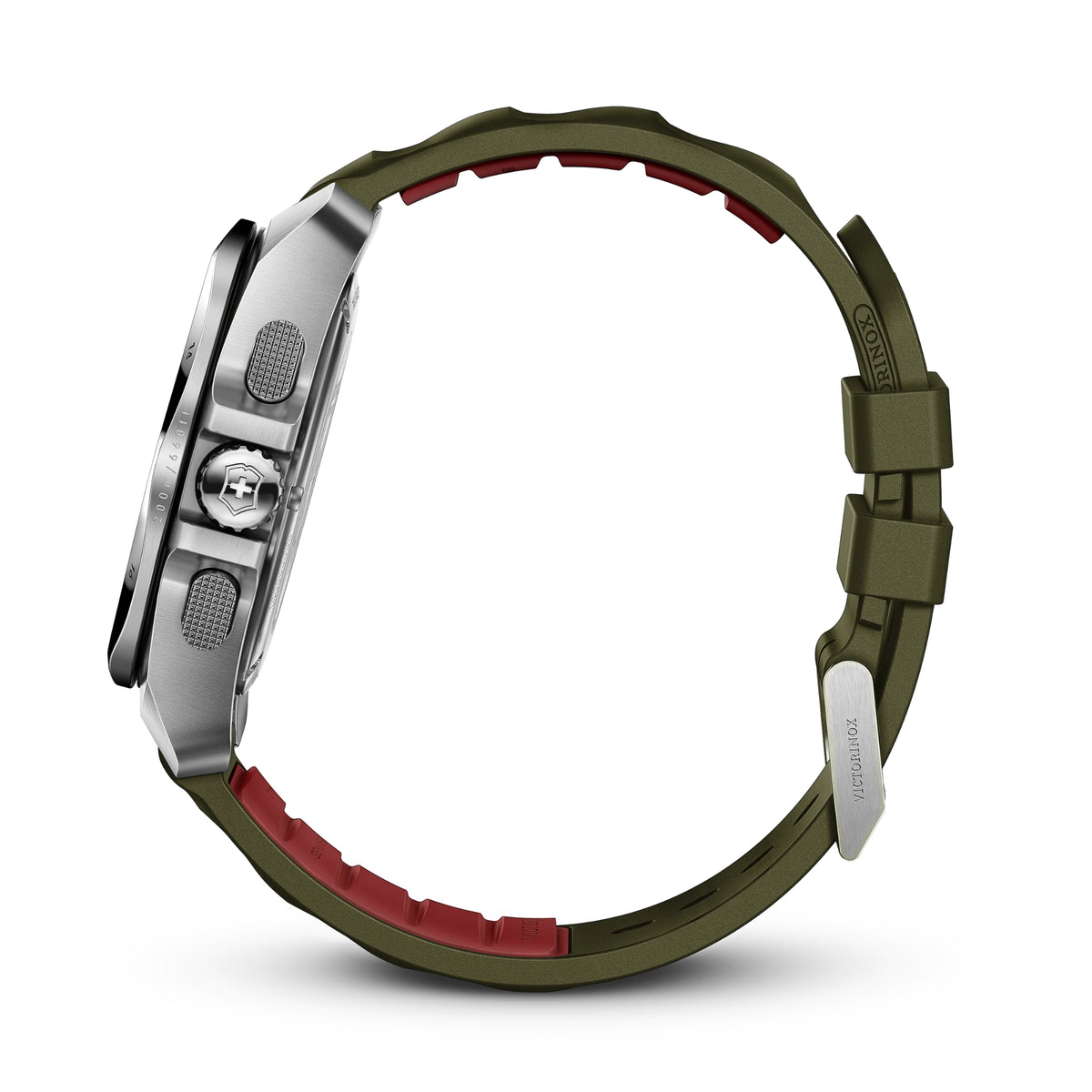 Victorinox I.N.O.X. 242081 watch side view highlighting textured chronograph pushers, signed crown, and green rubber strap