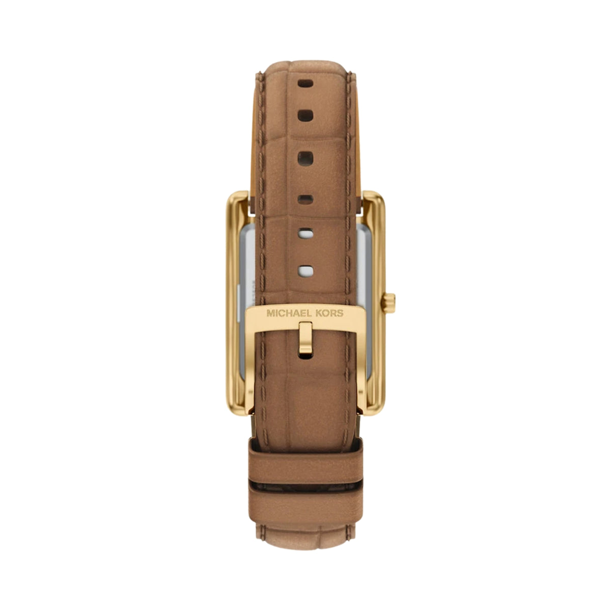 Michael Kors Essex MK7584 rear view showing the gold-tone pin buckle closure on the brown leather strap
