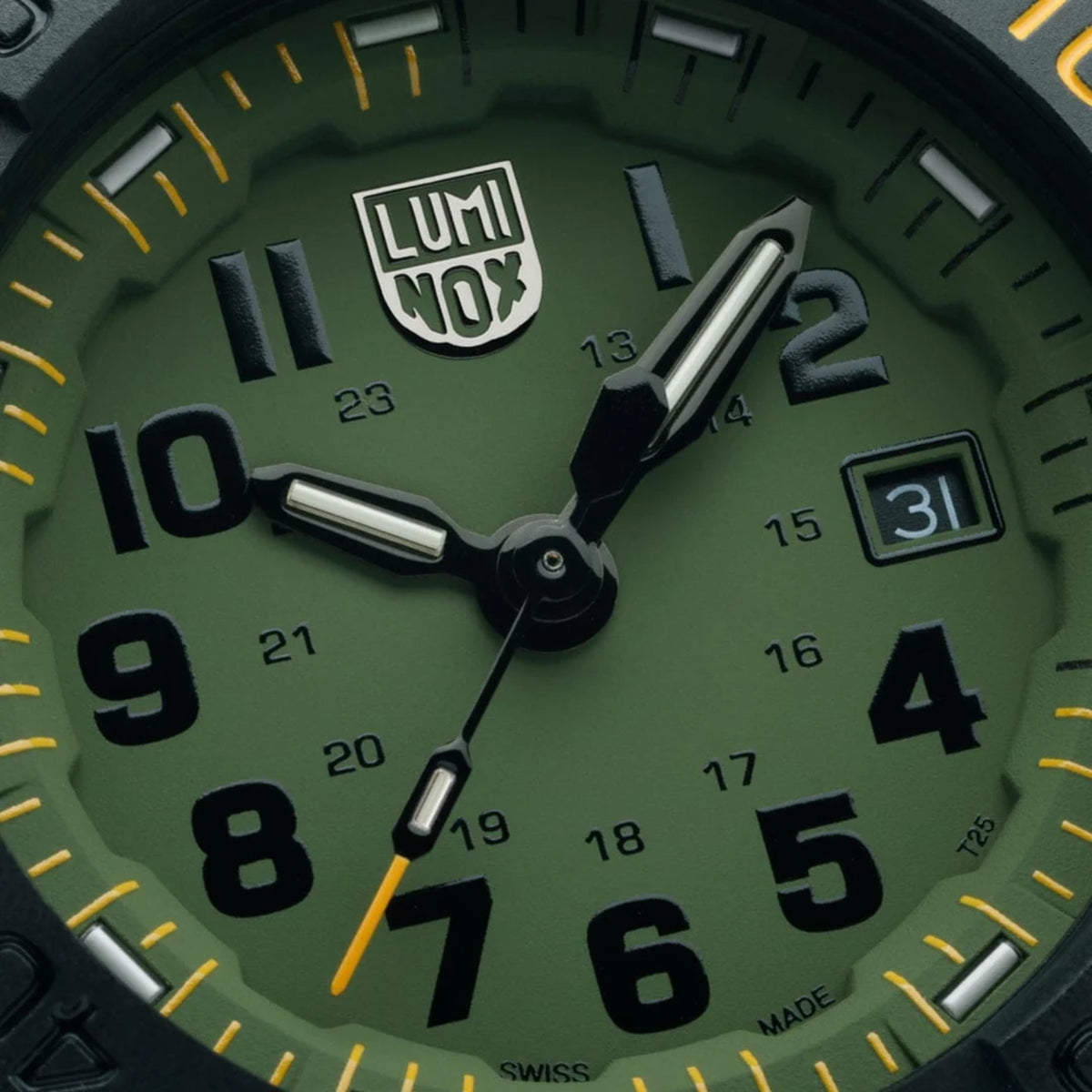 Luminox Navy SEAL Foundation green dial with luminous numerals, shield logo, and second markers
