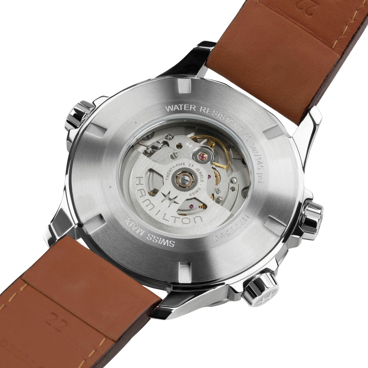 Hamilton Khaki Aviation H77735560 watch caseback view showcasing transparent exhibition back with visible automatic movement