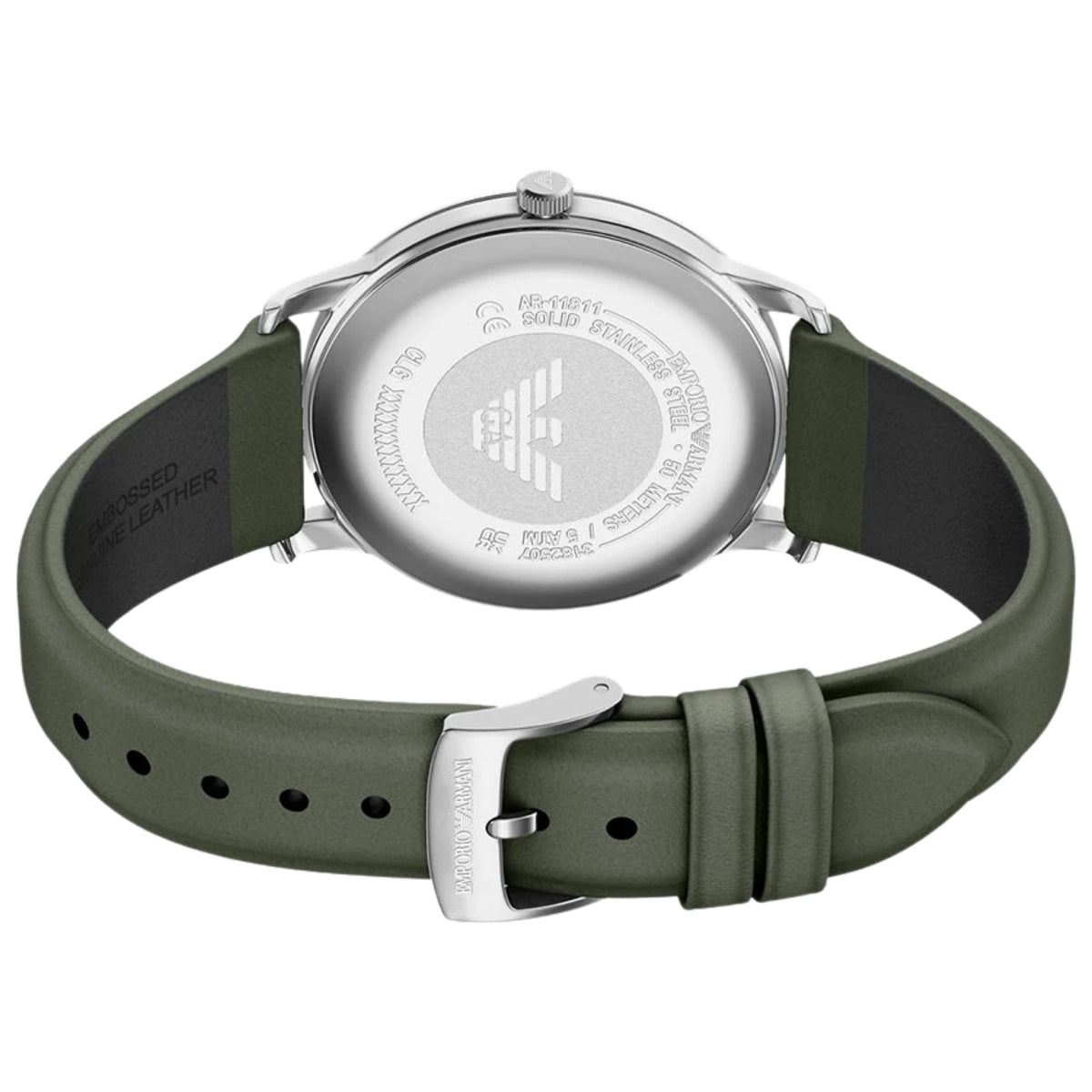Angled rear view of the Emporio Armani Minimalist AR11811 watch showing the engraved stainless steel case back, green leather band, and silver pin buckle closure