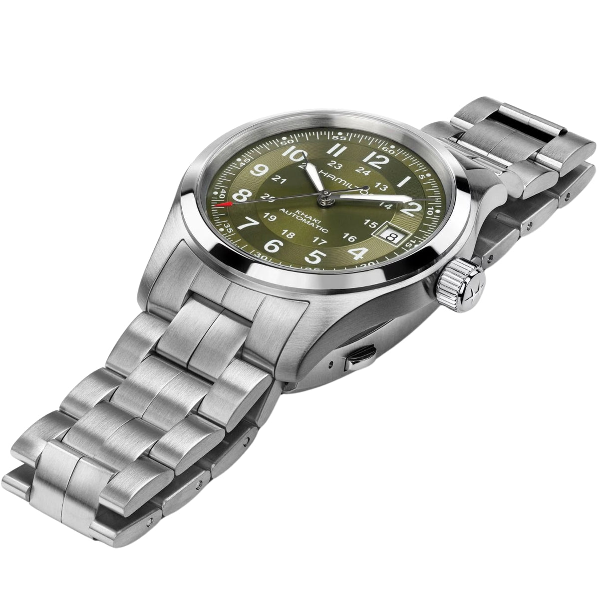 Hamilton Khaki Field H70455160 field timepiece studio shot laying angled showing multi-link metal bracelet and green dial