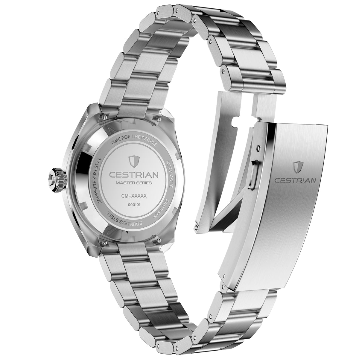Cestrian Master Series automatic men's watch caseback with steel bracelet