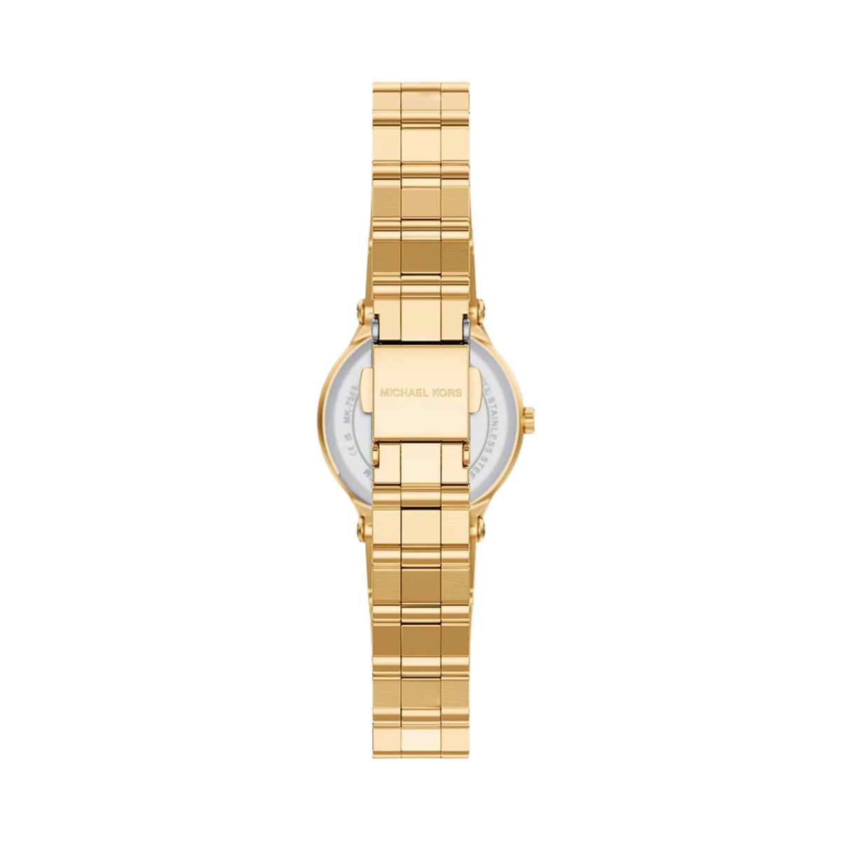 Michael Kors Billie MK7567 rear view showing the engraved stainless steel case back and gold-plated foldover clasp
