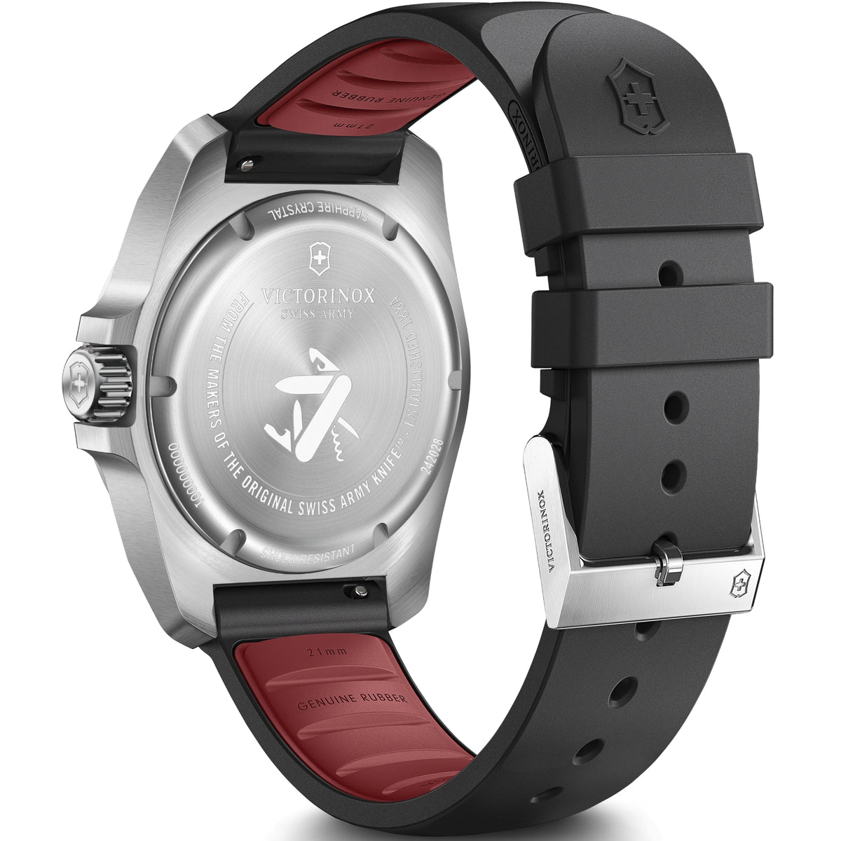 Victorinox I.N.O.X. 242028 showing stainless steel case, crown, pushers and black rubber strap